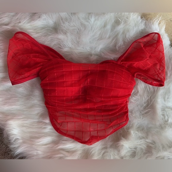 NEW | Women’s Mesh Overlay Crop Top Blouse Cap Sleeve Red Size XS - Picture 1 of 4